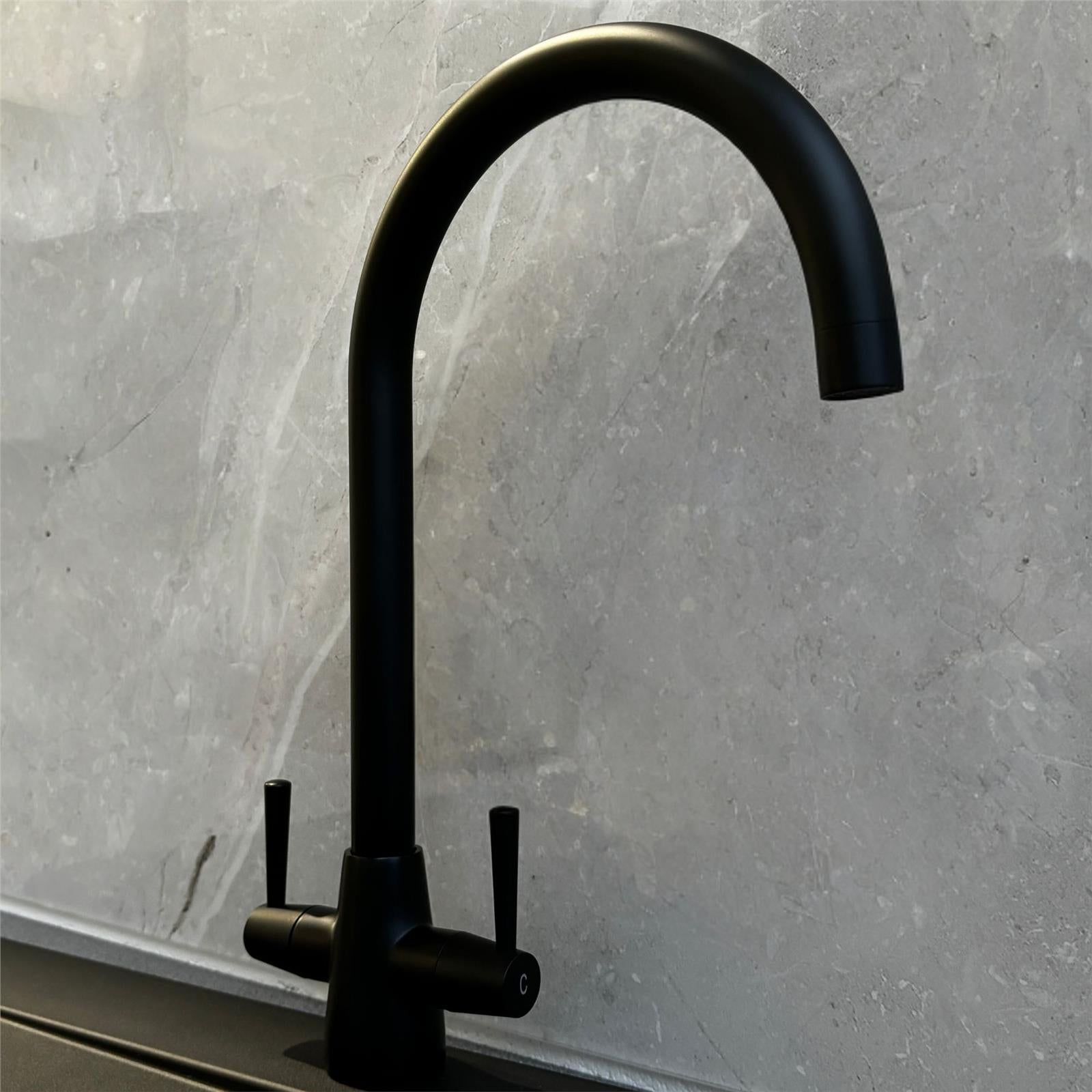 Liquida LU408MB Swivel Spout Swan Neck Twin Lever Black Kitchen Mixer Tap